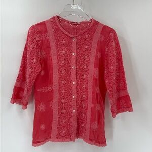JOHNNY WAS BUTTON FRONT‎ CORAL Eyelet EMBROIDERED BLOUSE 3/4 sleeve sz small